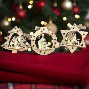 3D Wooden Christmas Scene Ornaments – Set of 3 (Tree, Bauble, Star)